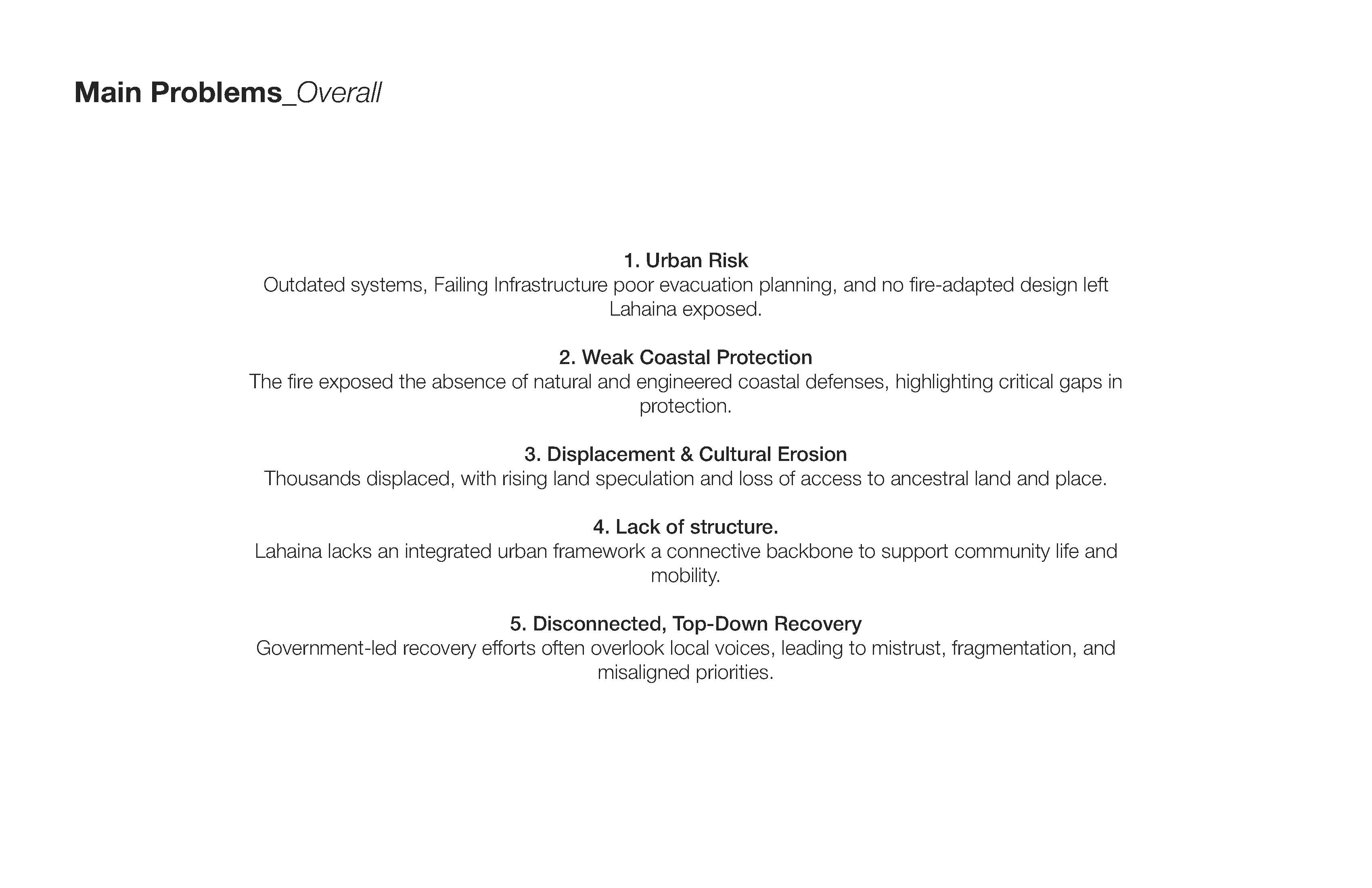 Diagram identifying five systemic problems: urban risk, weak coastal protection, displacement, lack of structure, and disconnected recovery