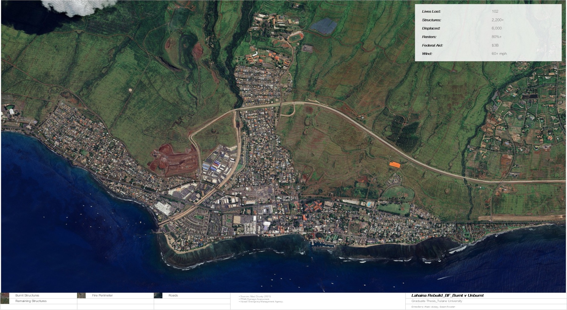 Map showing burned and unburned structures across Lahaina after the 2023 wildfire