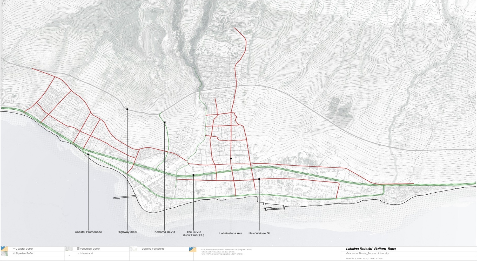 Base plan showing the coastal, riparian, and peri-urban buffer extents with the primary circulation framework