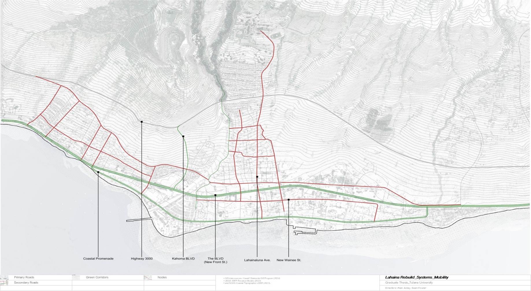 Pre-fire street network showing single-spine road system and evacuation bottlenecks