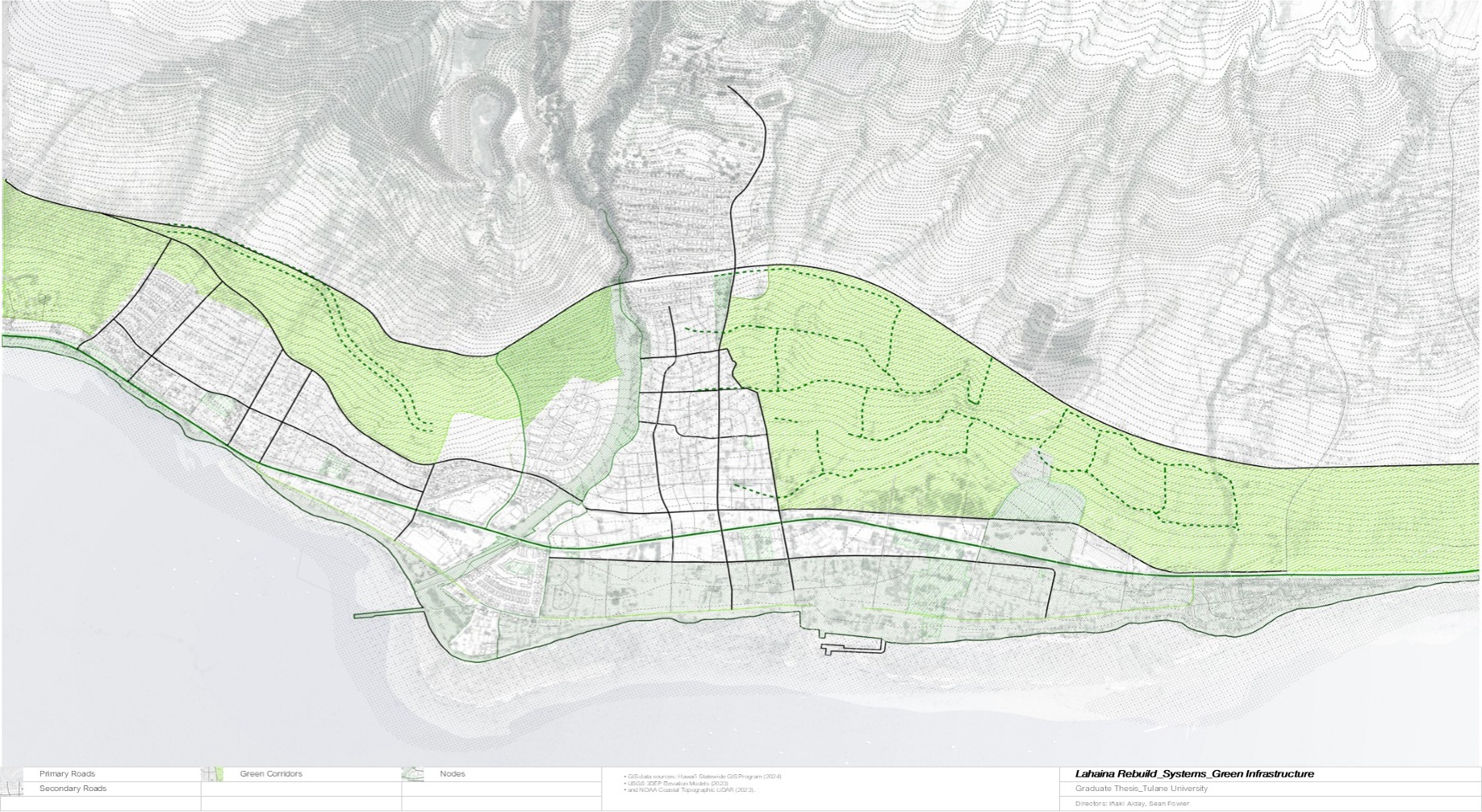 Pre-fire map showing fragmented green spaces and limited tree canopy in Lahaina