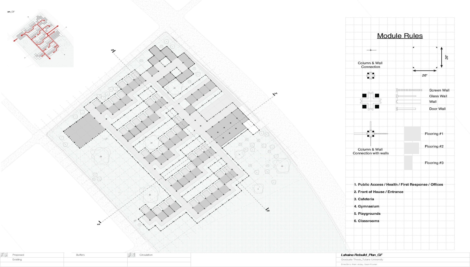 Ground floor plan of the proposed elementary school showing modular classroom arrangement and community facilities