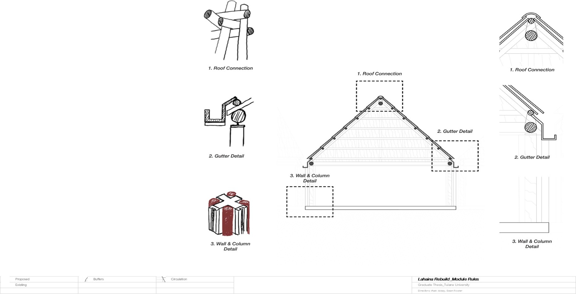 Technical drawings showing roof connections, gutter details, and wall-column joinery
