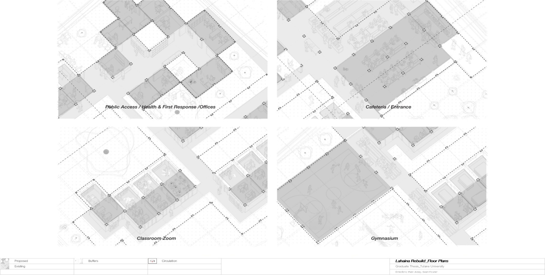 Detailed zoom views of school functional areas: health offices, cafeteria, classrooms, and gymnasium