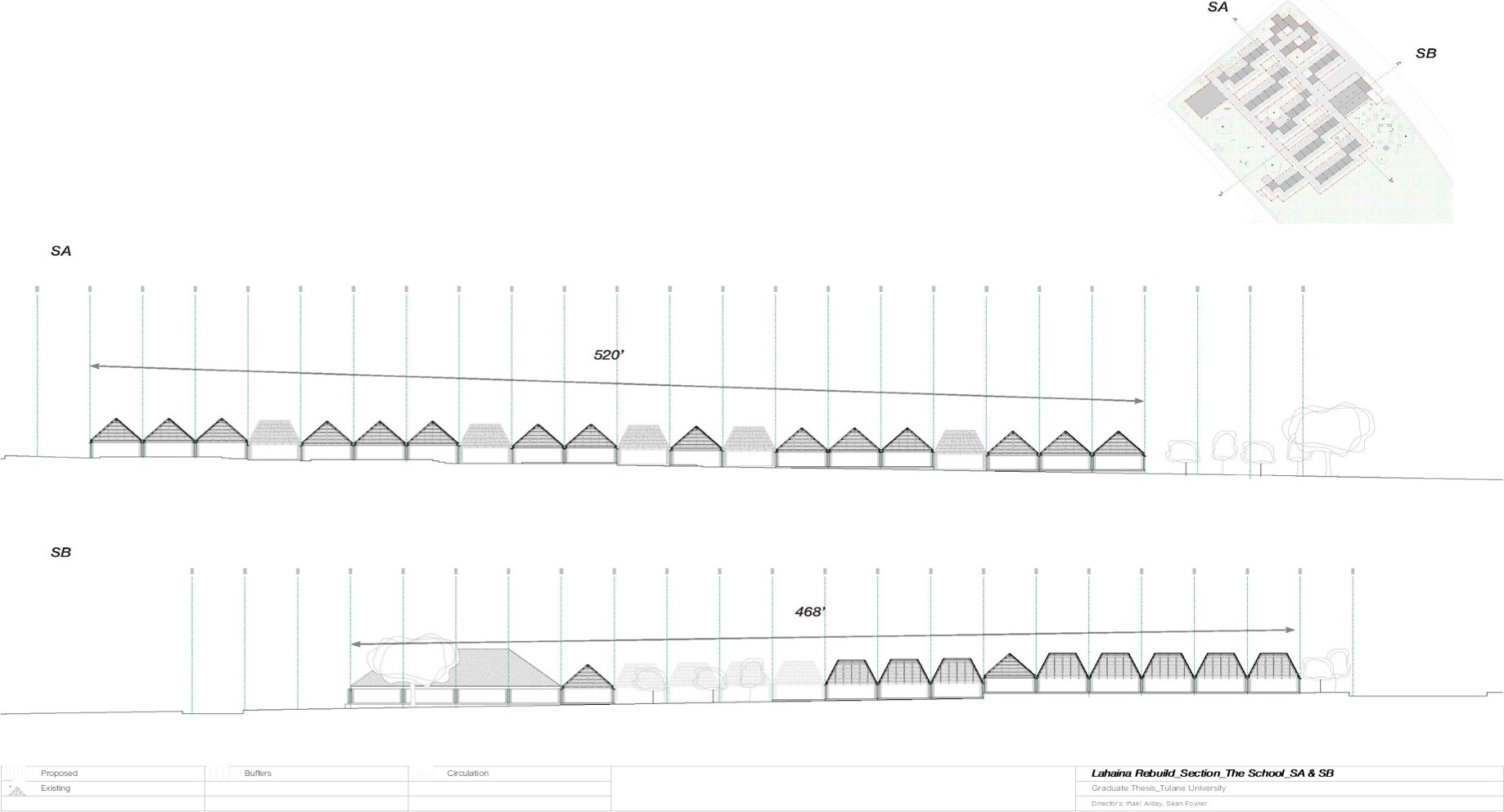 Two cross-sections through the elementary school showing modular roof forms and spatial organization