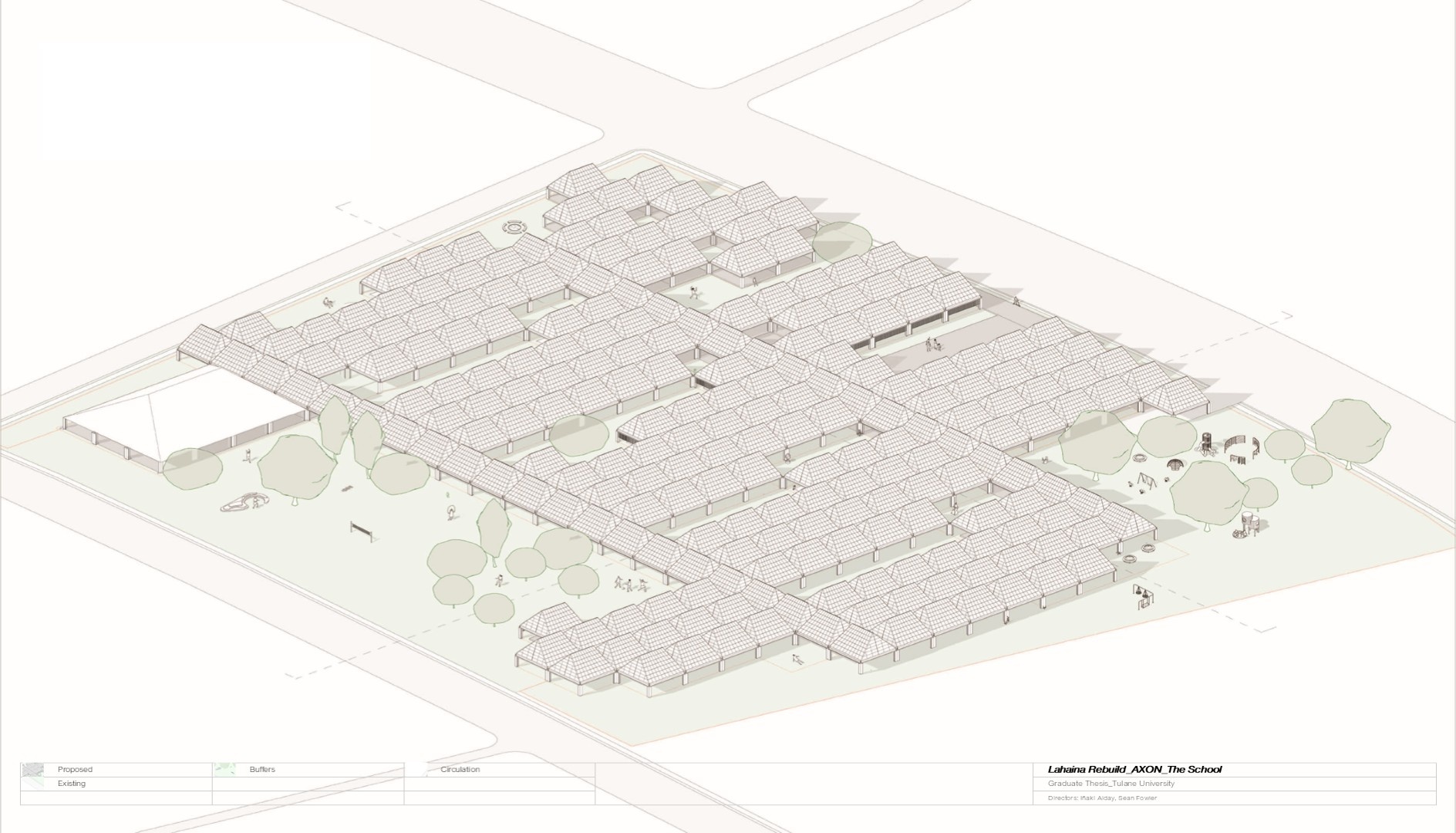 3D isometric view of the complete elementary school complex with surrounding landscape
