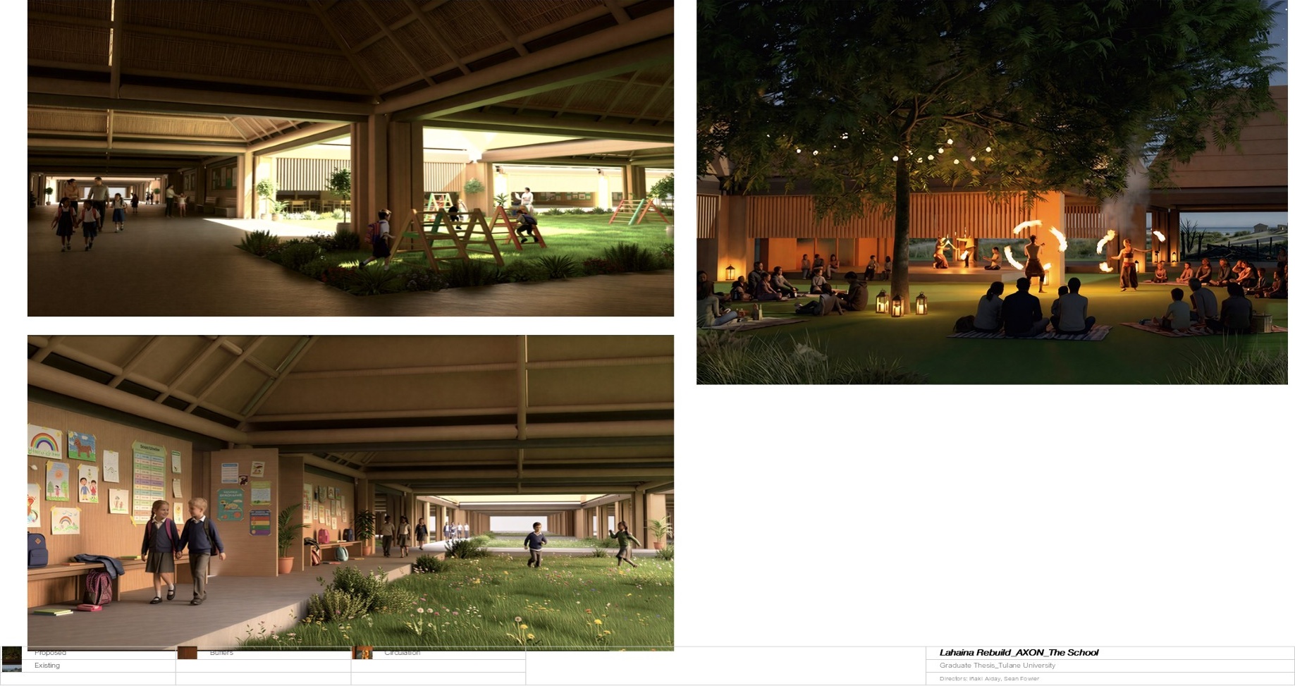 Interior and community renderings showing classroom courtyards, covered circulation, and shared gathering space
