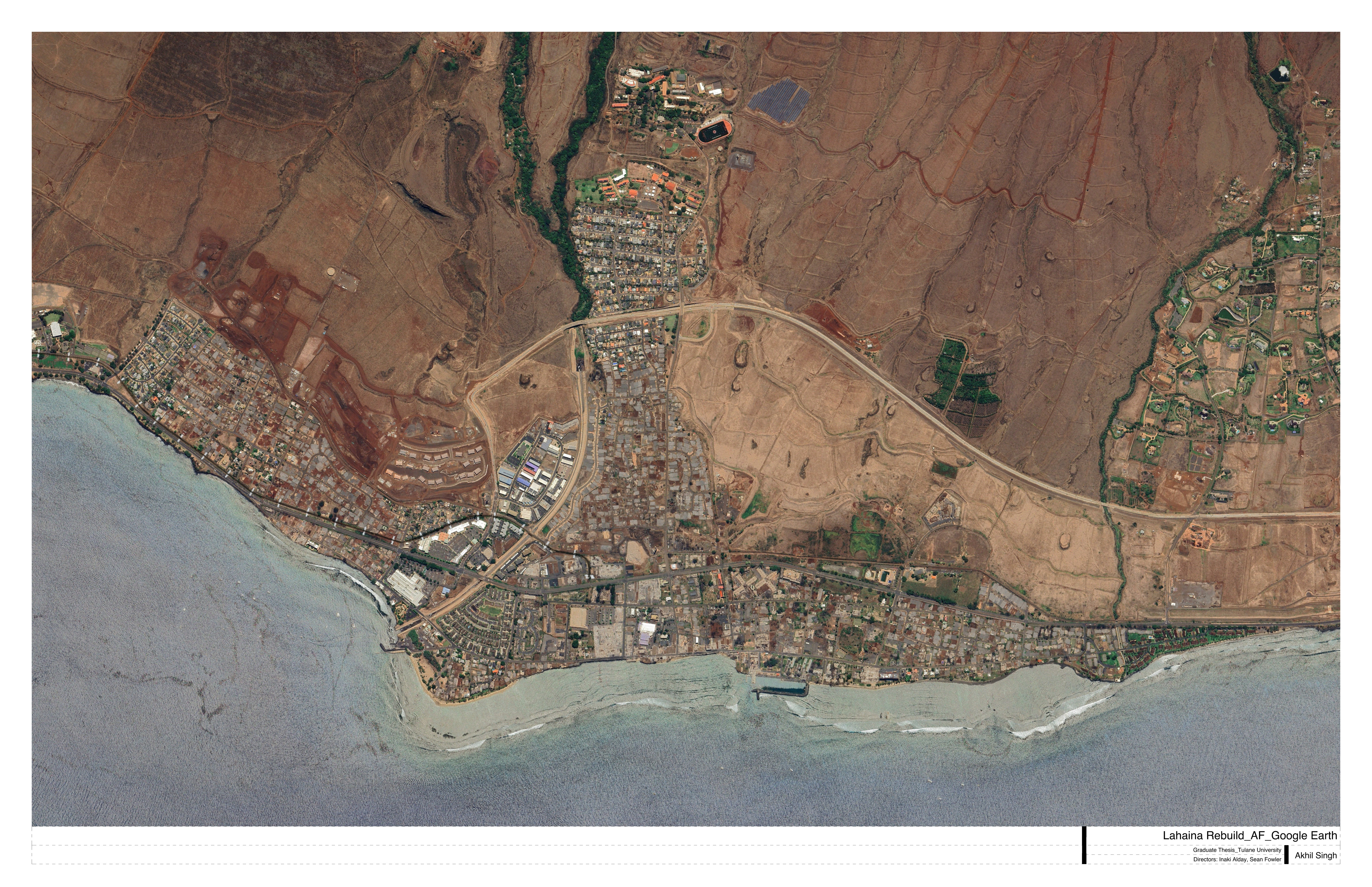 Satellite image of Lahaina after the 2023 wildfire showing extent of burn damage
