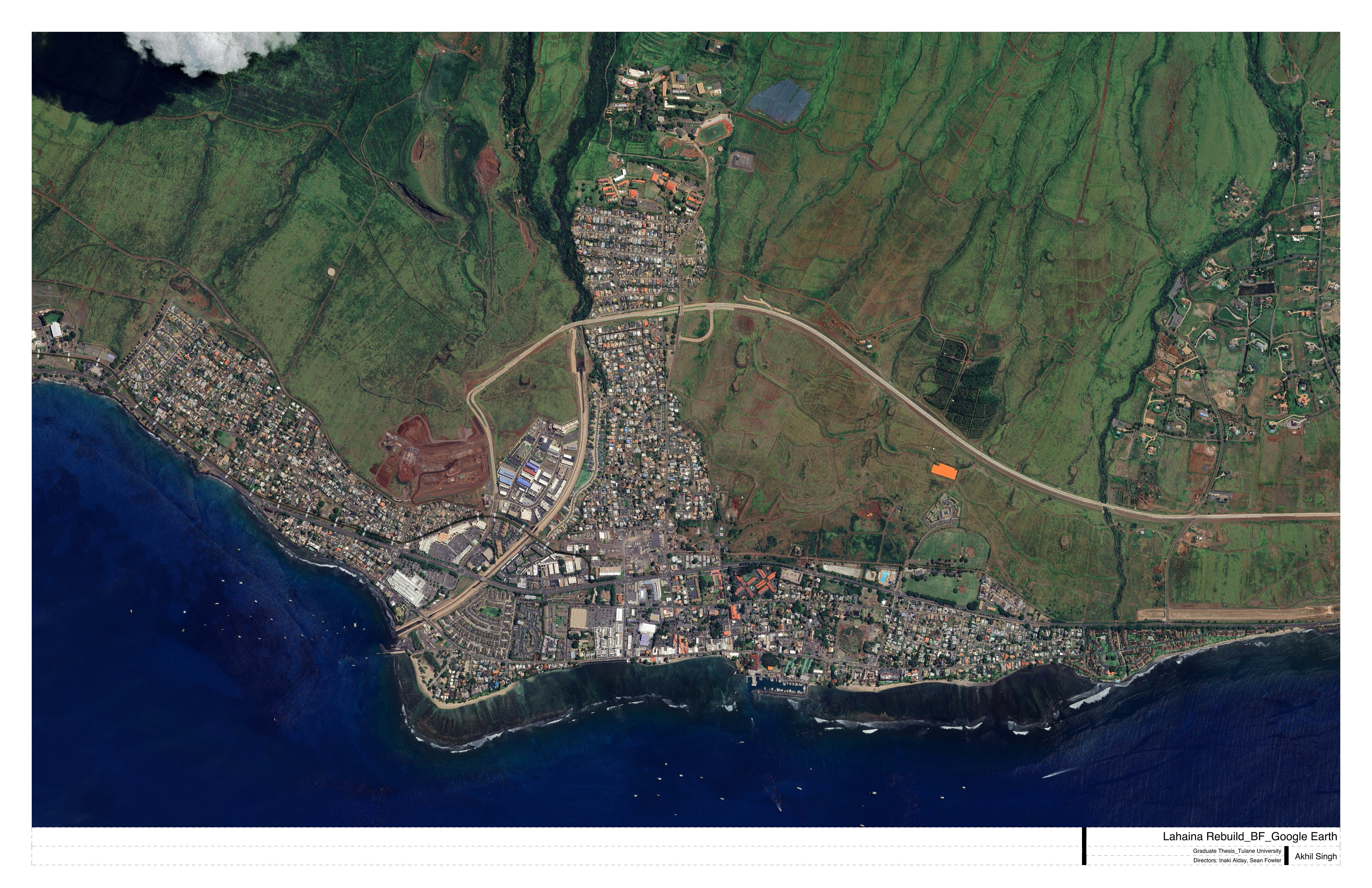 Satellite image of Lahaina before the 2023 wildfire showing coastal development and agricultural land