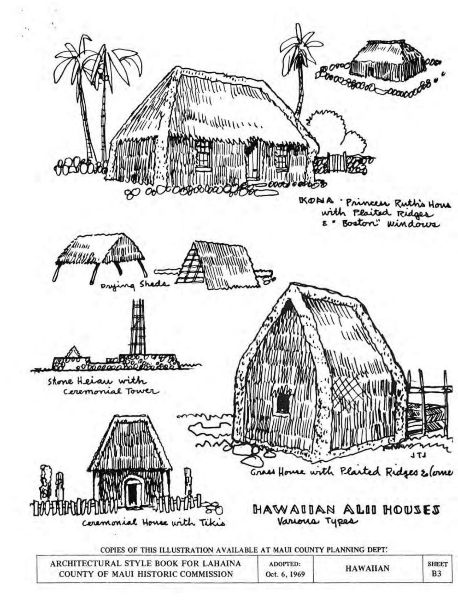 Illustrations of various Hawaiian ali'i house types including Princess Ruth's house in Kona, drying sheds, stone heiau with ceremonial tower, and grass house with plaited ridges, from the 1969 Lahaina Architectural Style Book, Sheet B3