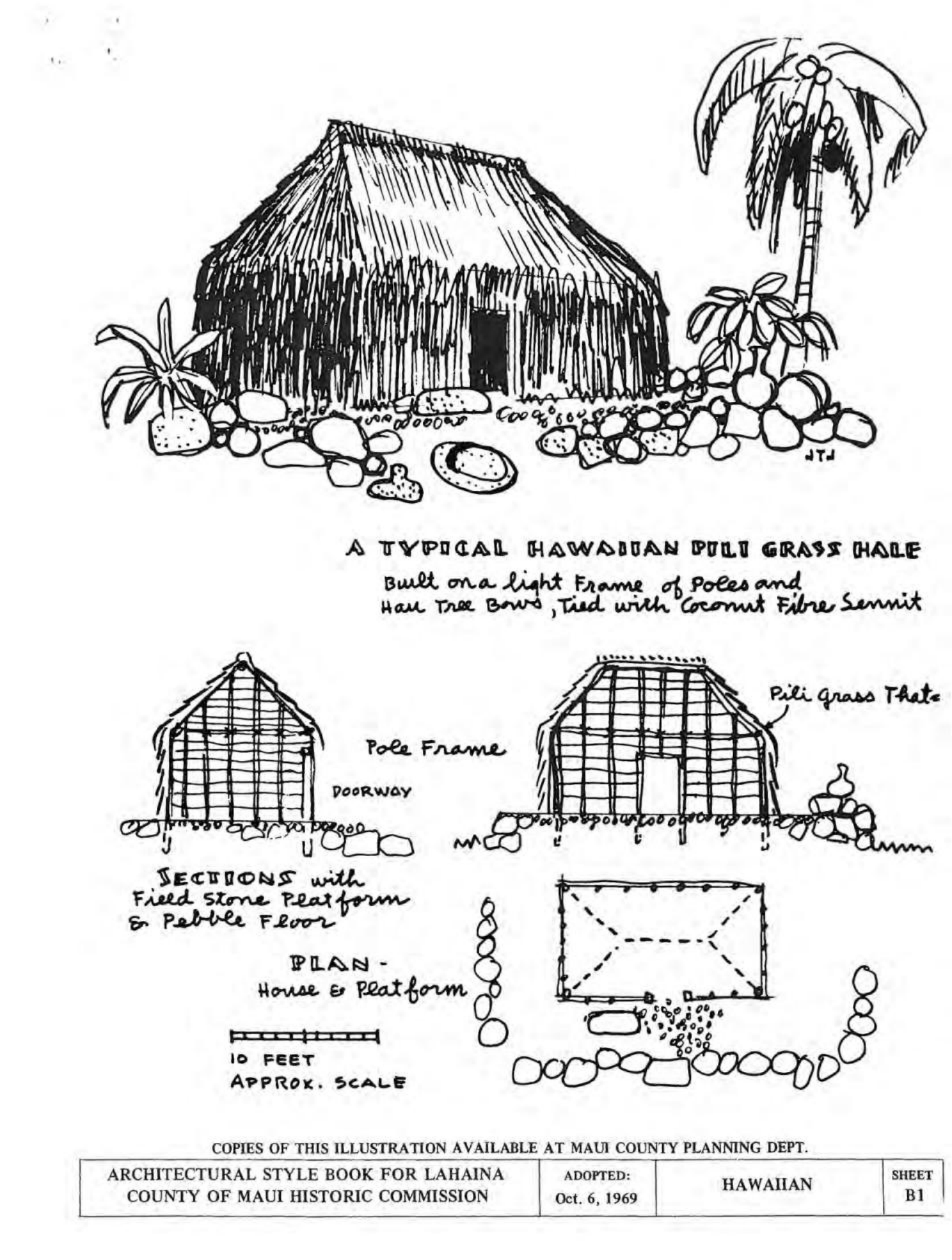 Illustration of a typical Hawaiian pili grass hale showing perspective, plan, section, and pole frame detail, from the 1969 Lahaina Architectural Style Book, Sheet B1