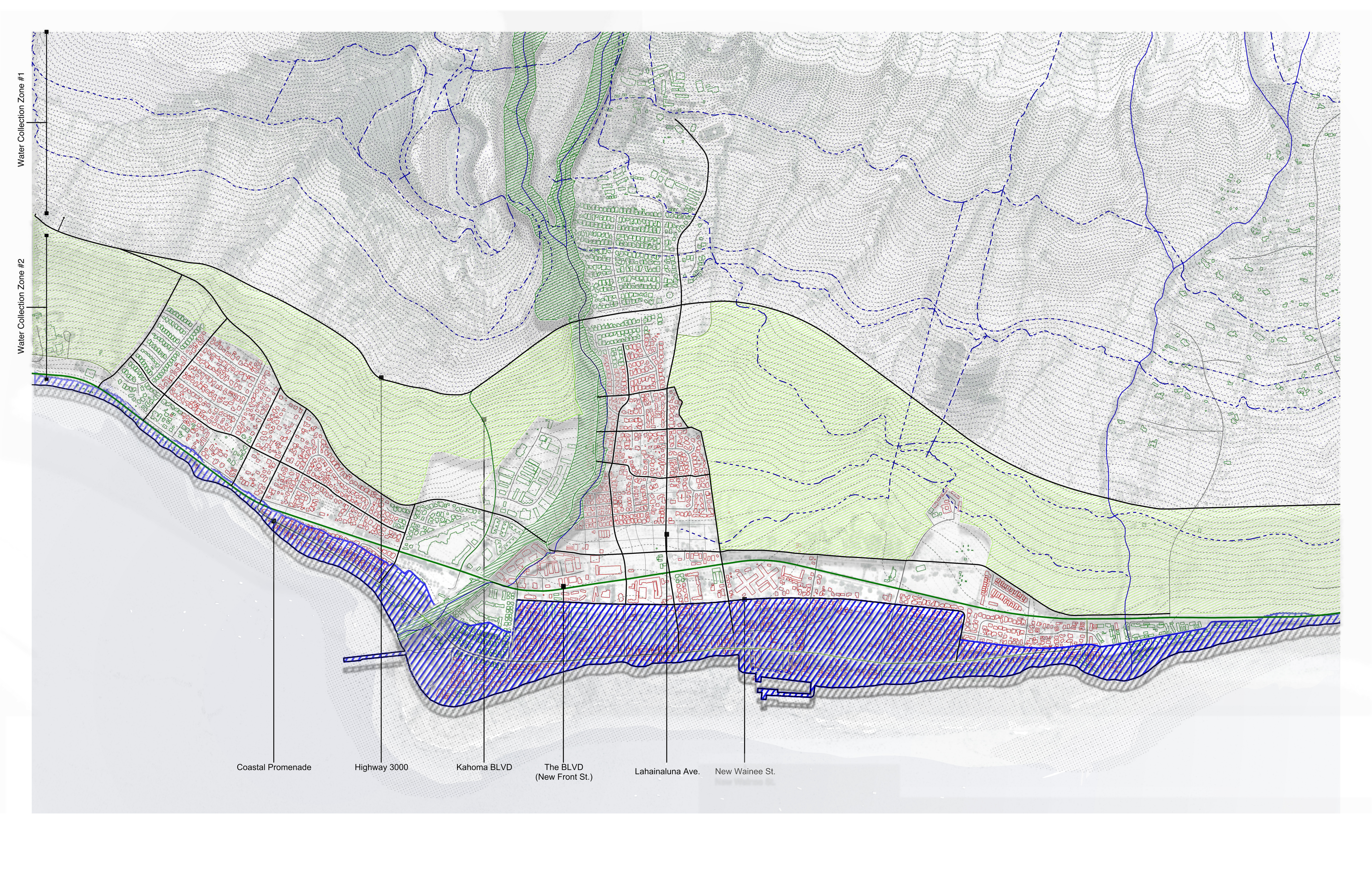 All four buffer zones overlaid — coastal, riparian, peri-urban, and water collection — in one comprehensive plan