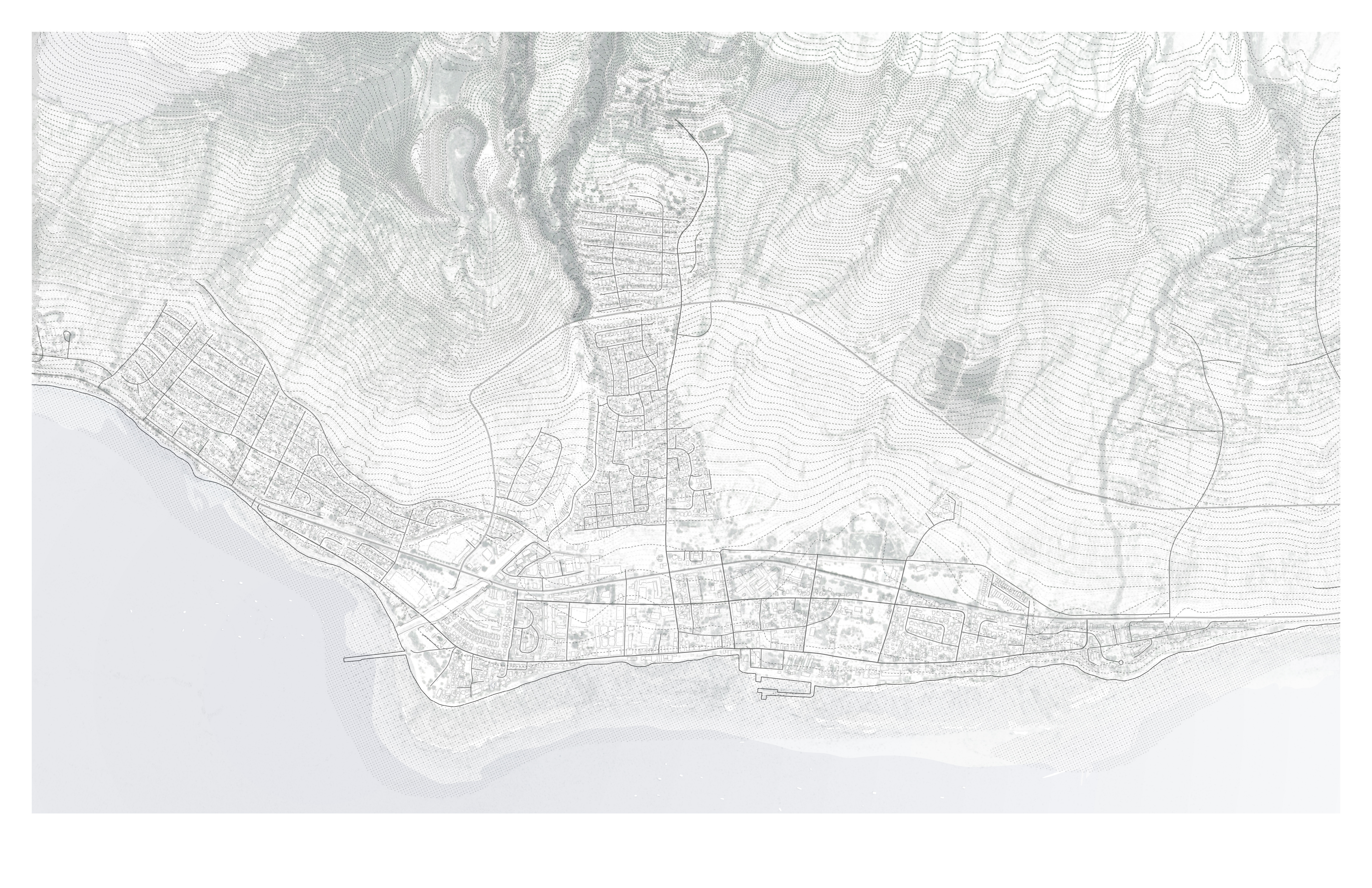 Base map of Lahaina showing topography, road network, runoff, and building footprints before analytical overlays