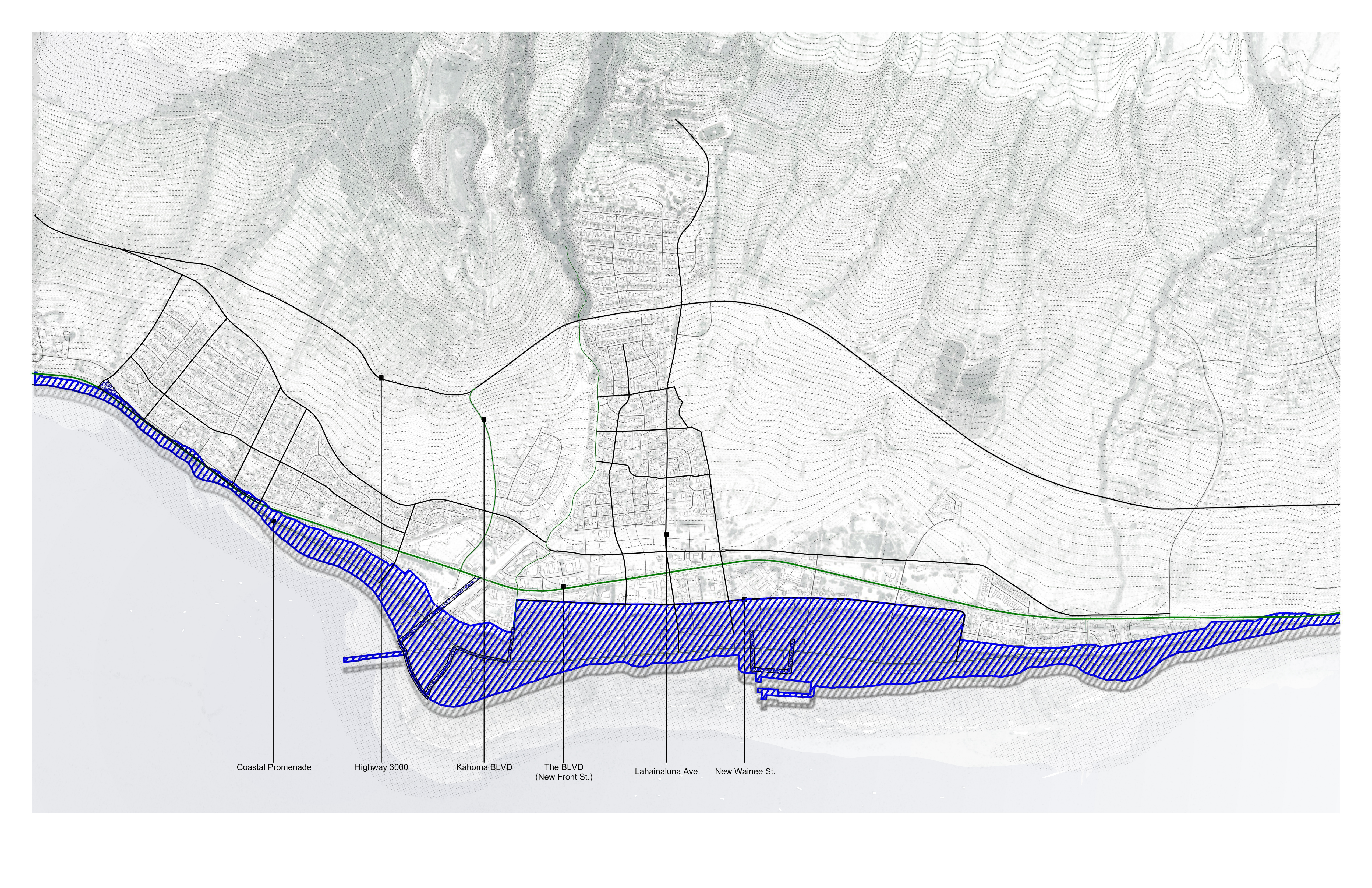 Plan showing the coastal buffer zone defined by sea level rise projections and the inland retreat boundary
