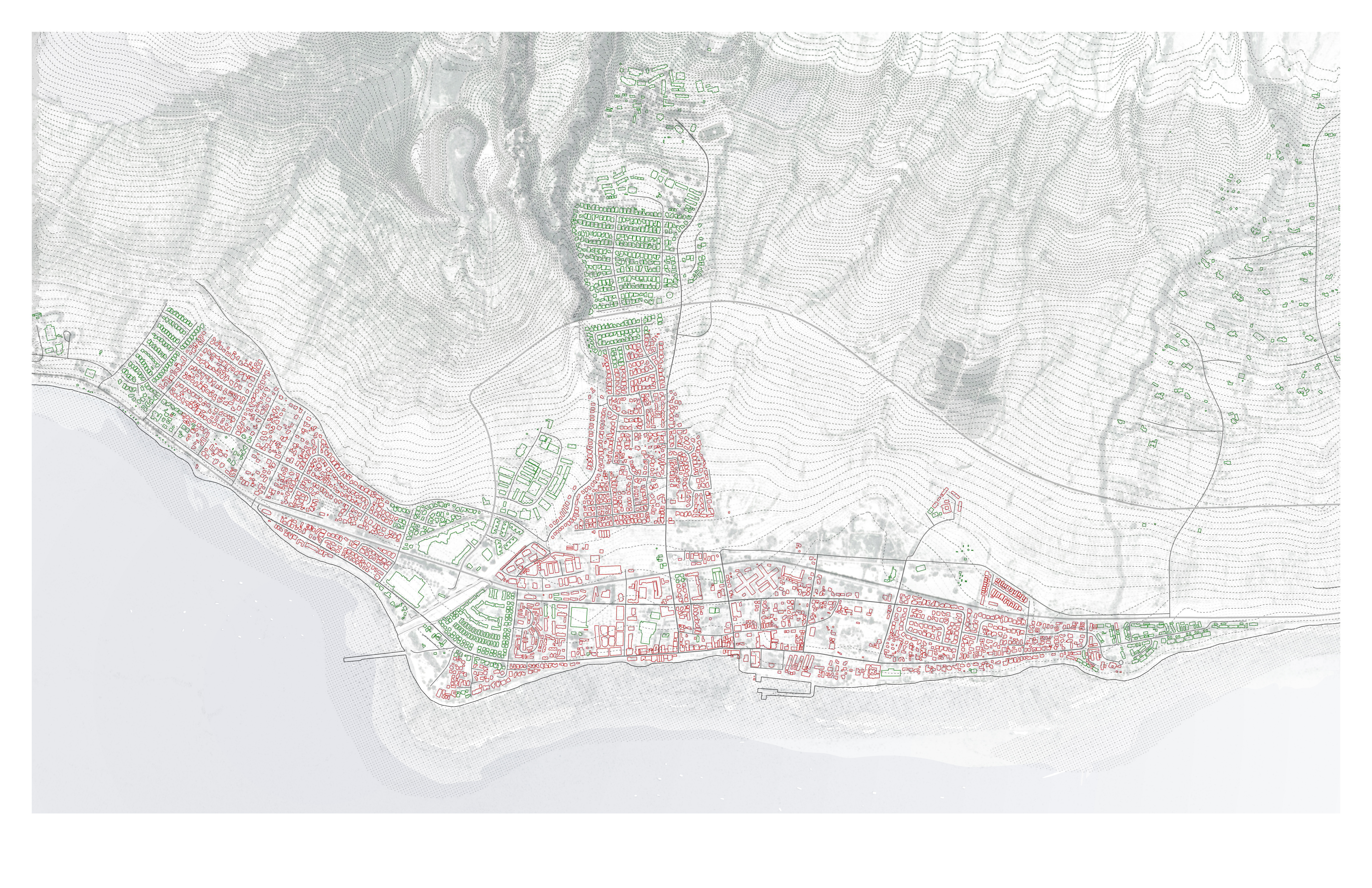 Pre-fire urban fabric compared to post-fire footprint with 1-foot contour intervals