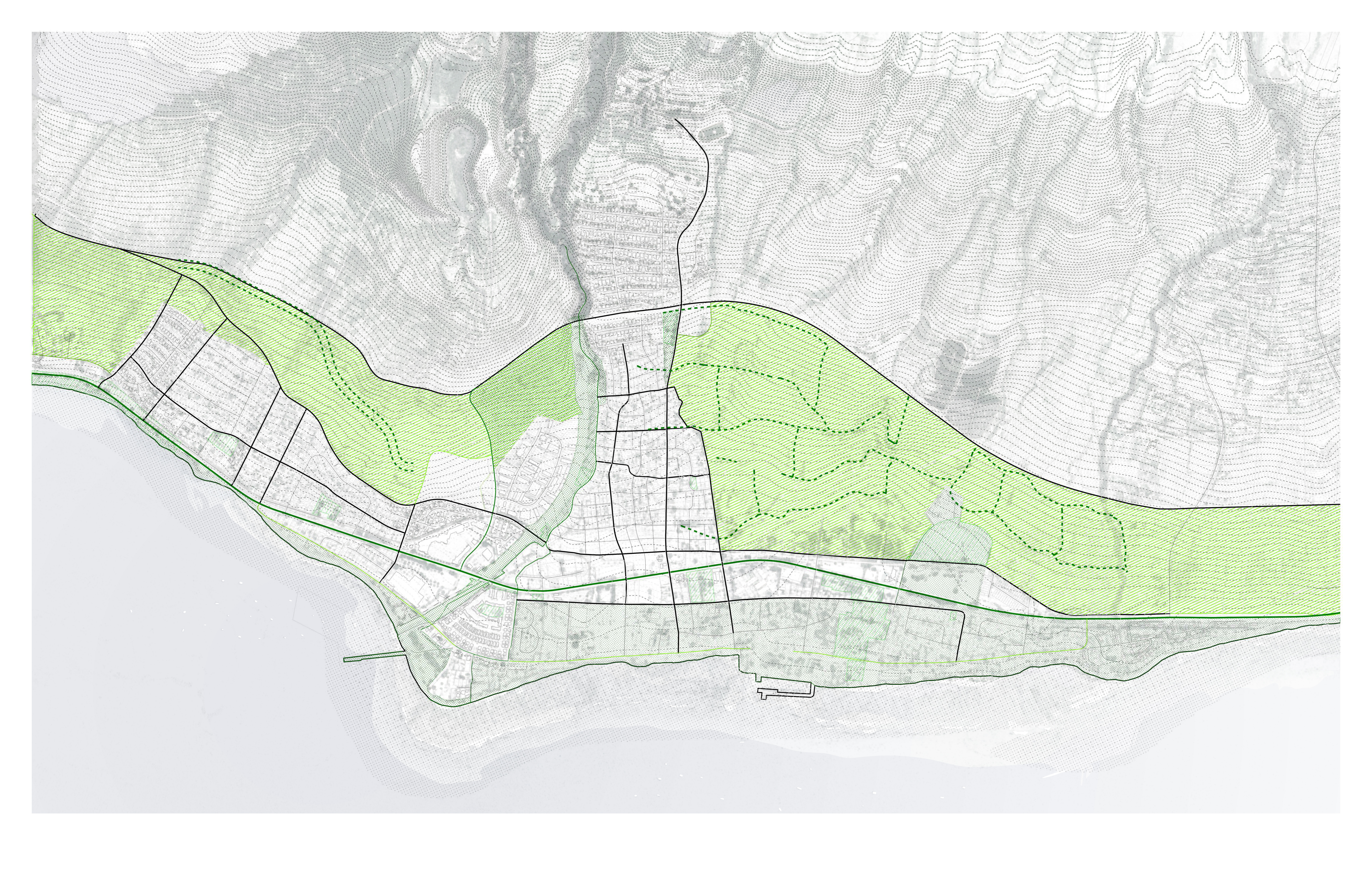 Expanded green network connecting coastal promenade, riparian corridors, and agricultural edge