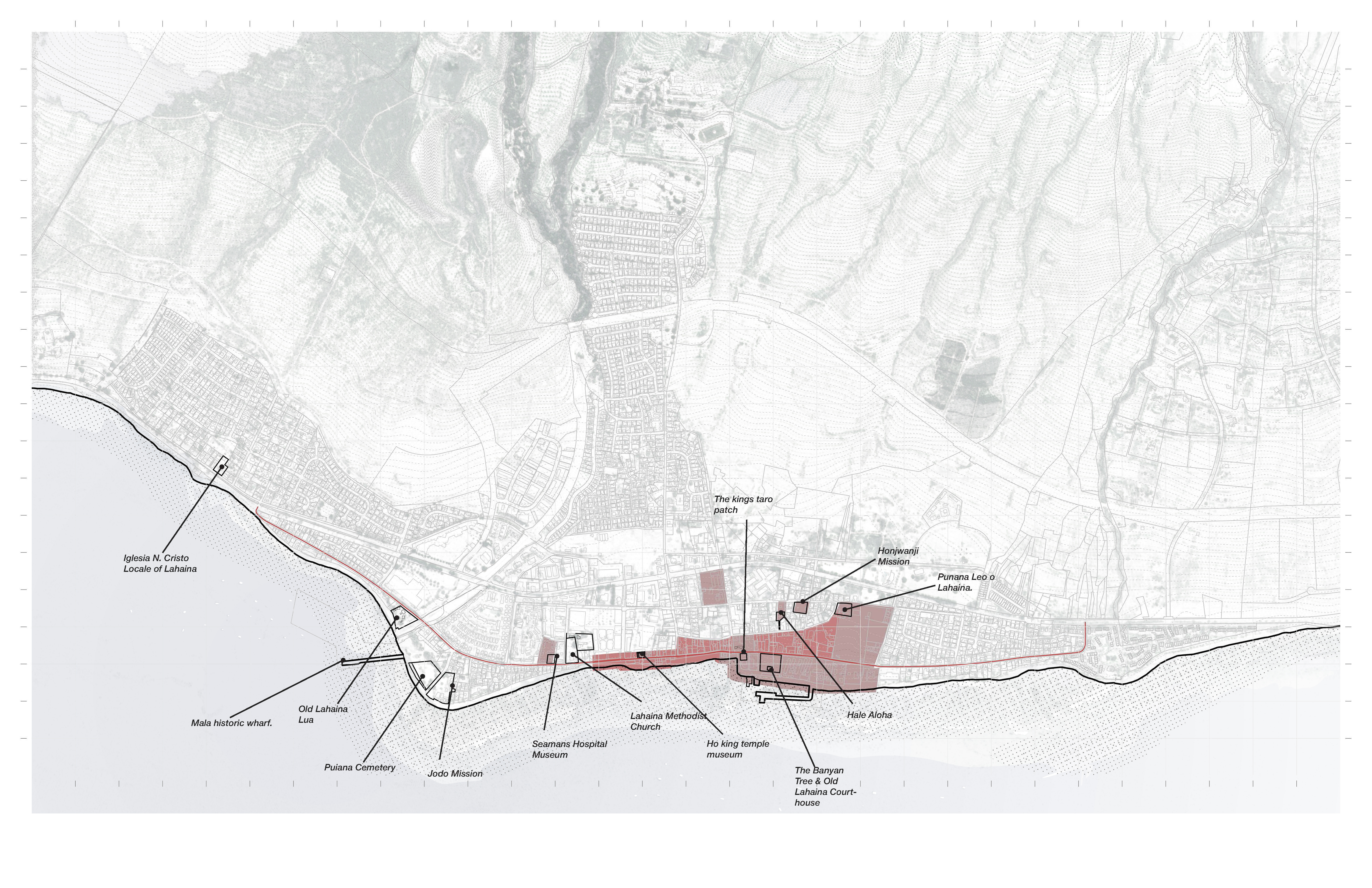 Town-scale map locating Lahaina's key heritage sites and historic districts along the coast