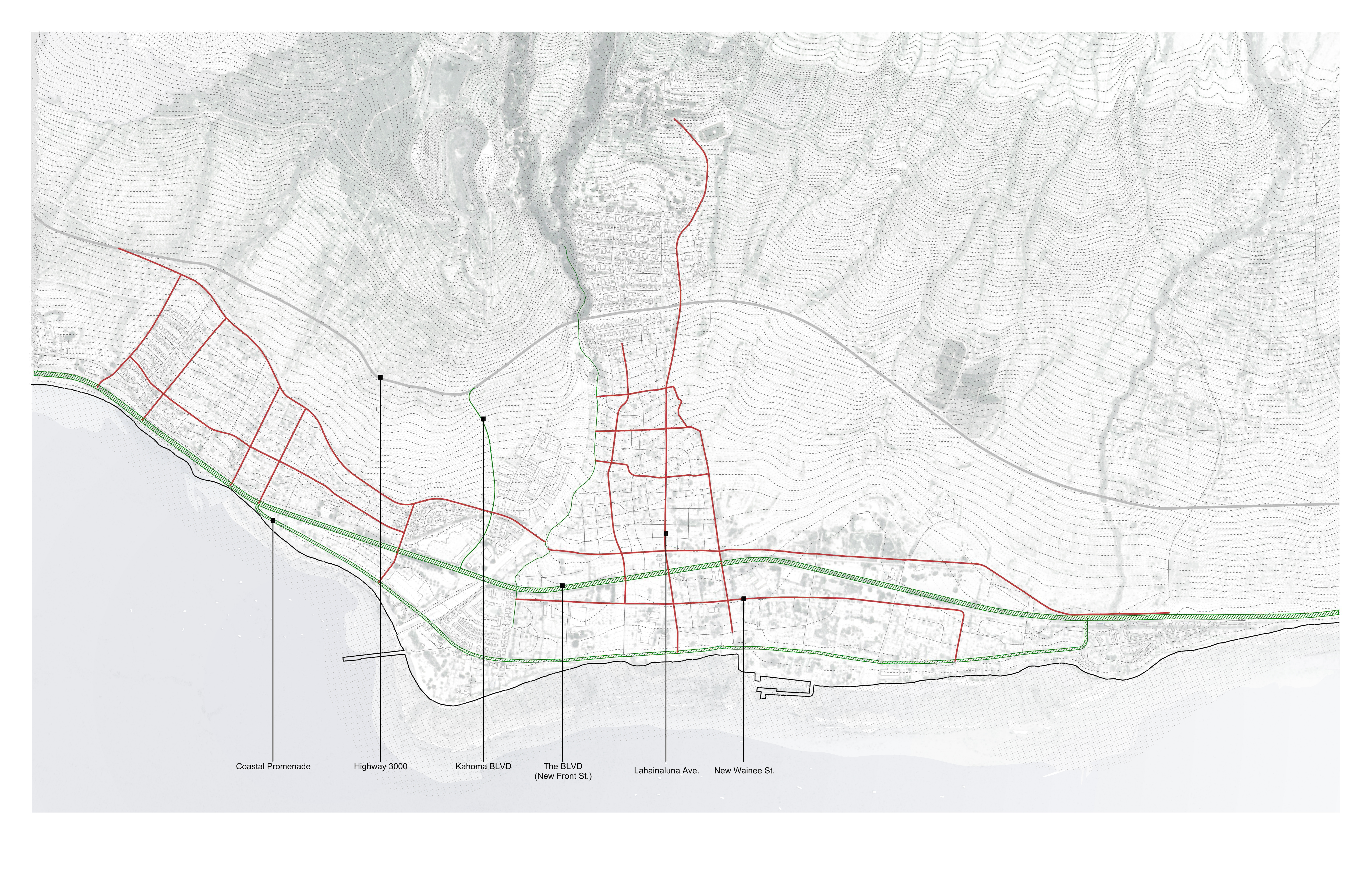 Redesigned street hierarchy with new boulevard, pedestrian promenade, and multiple evacuation routes