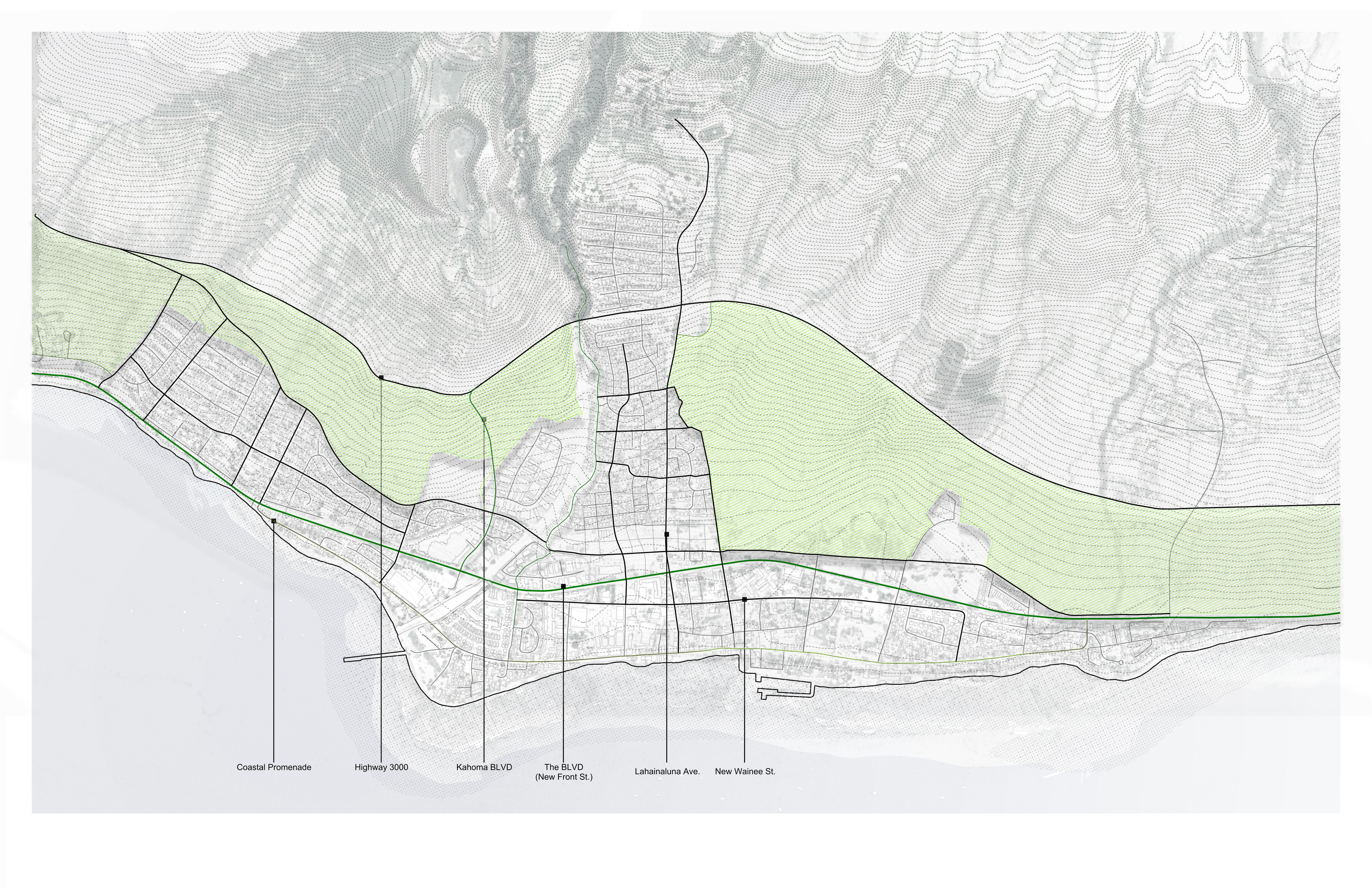 Agricultural transition zone between the proposed boulevard and highway serving as firebreak
