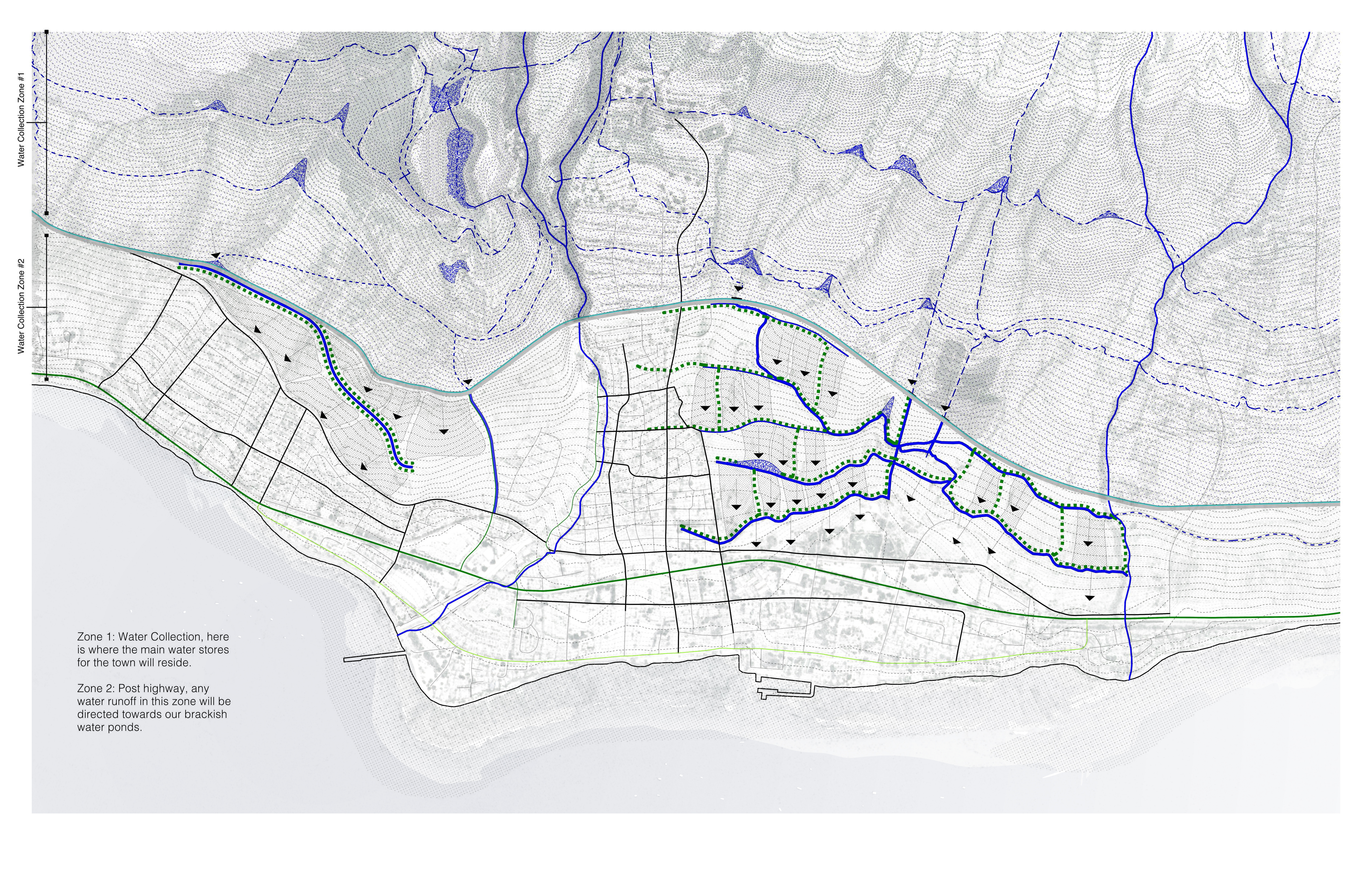 Proposed water capture network showing collection zones, channels, and directional flow from the hinterland toward town