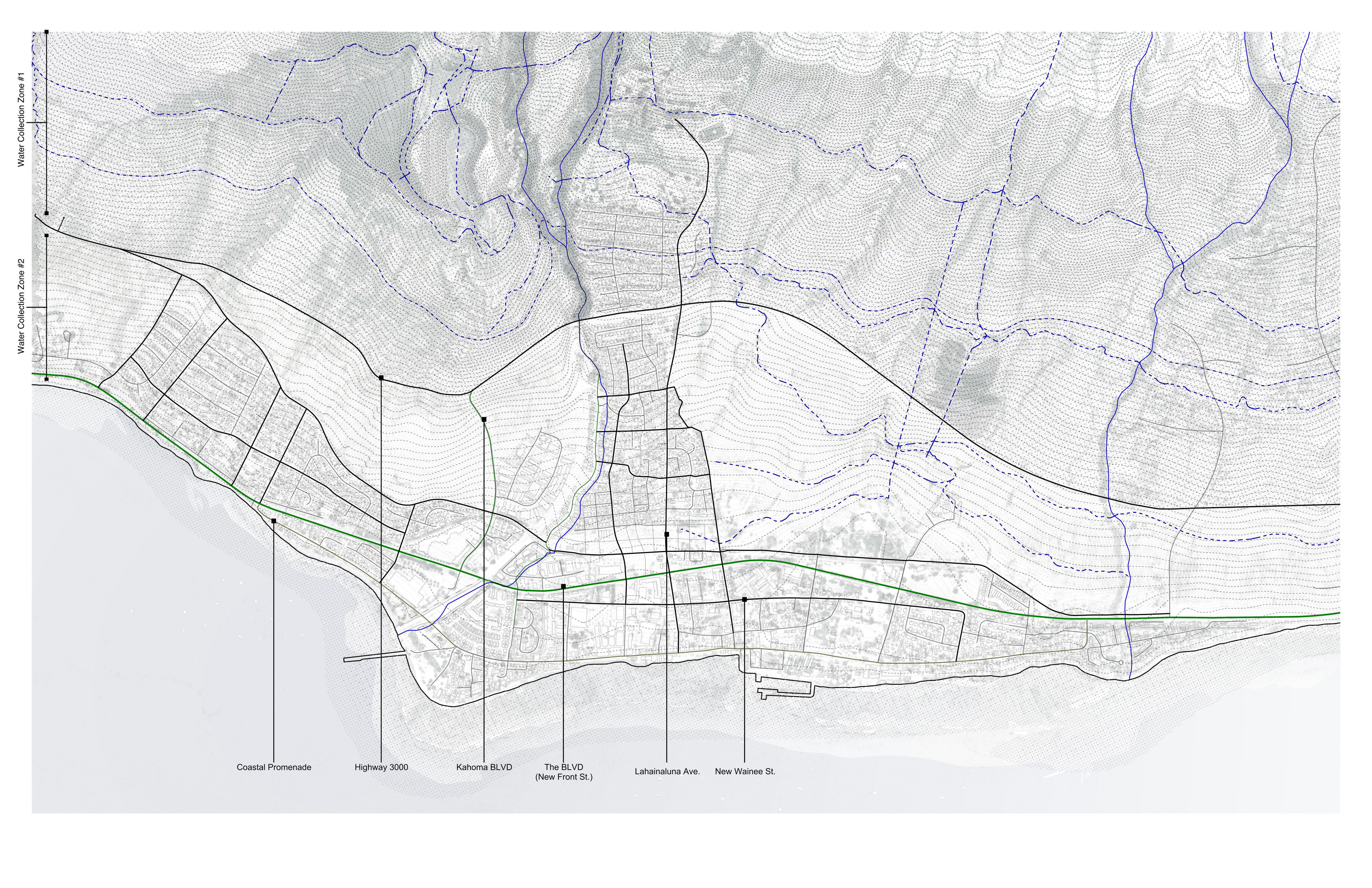 Map showing water capture zones above the highway reinforcing the historic ditch system