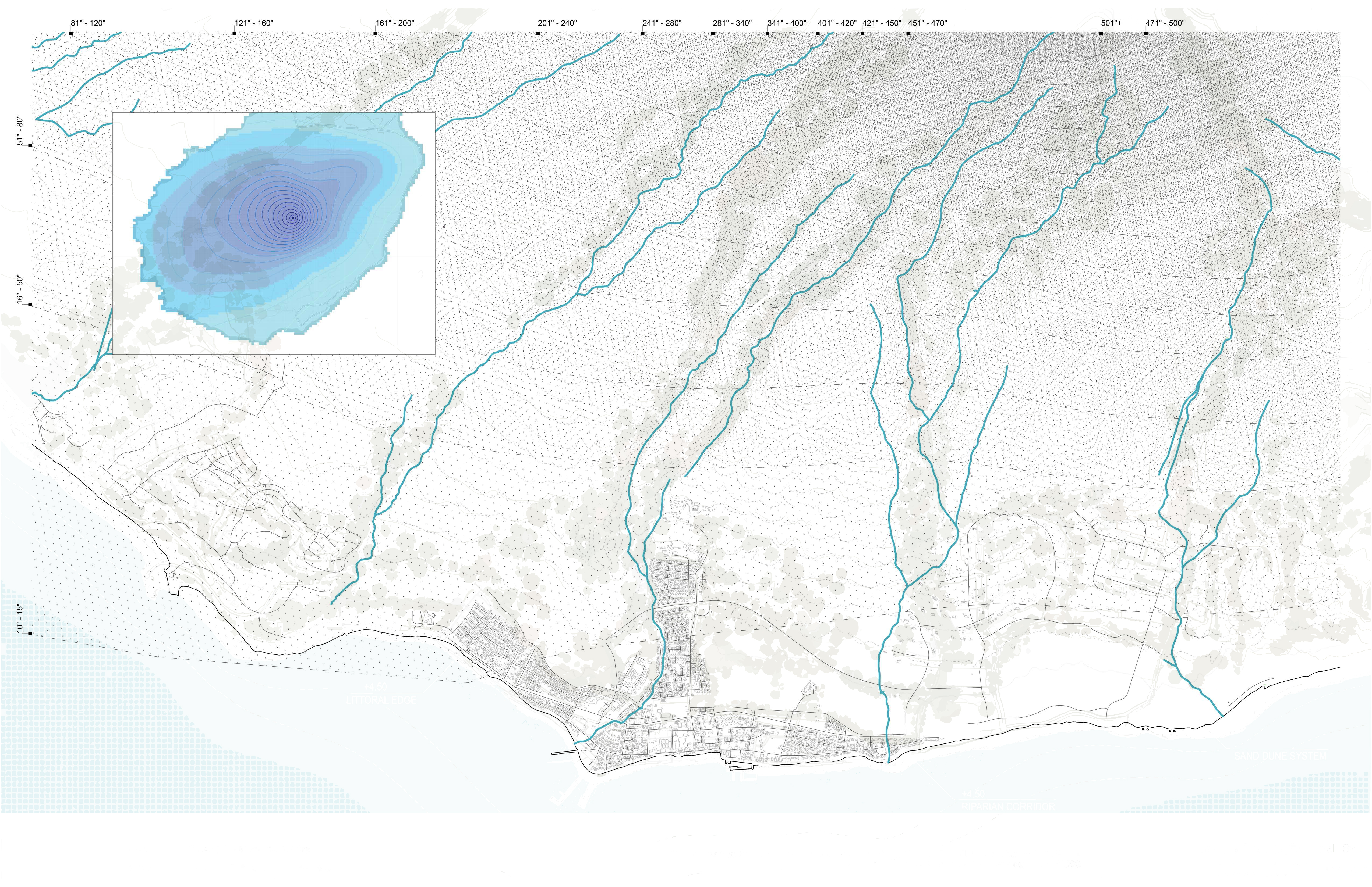 Rainfall gradient map showing precipitation from 400 inches at summit to 12 inches at coast