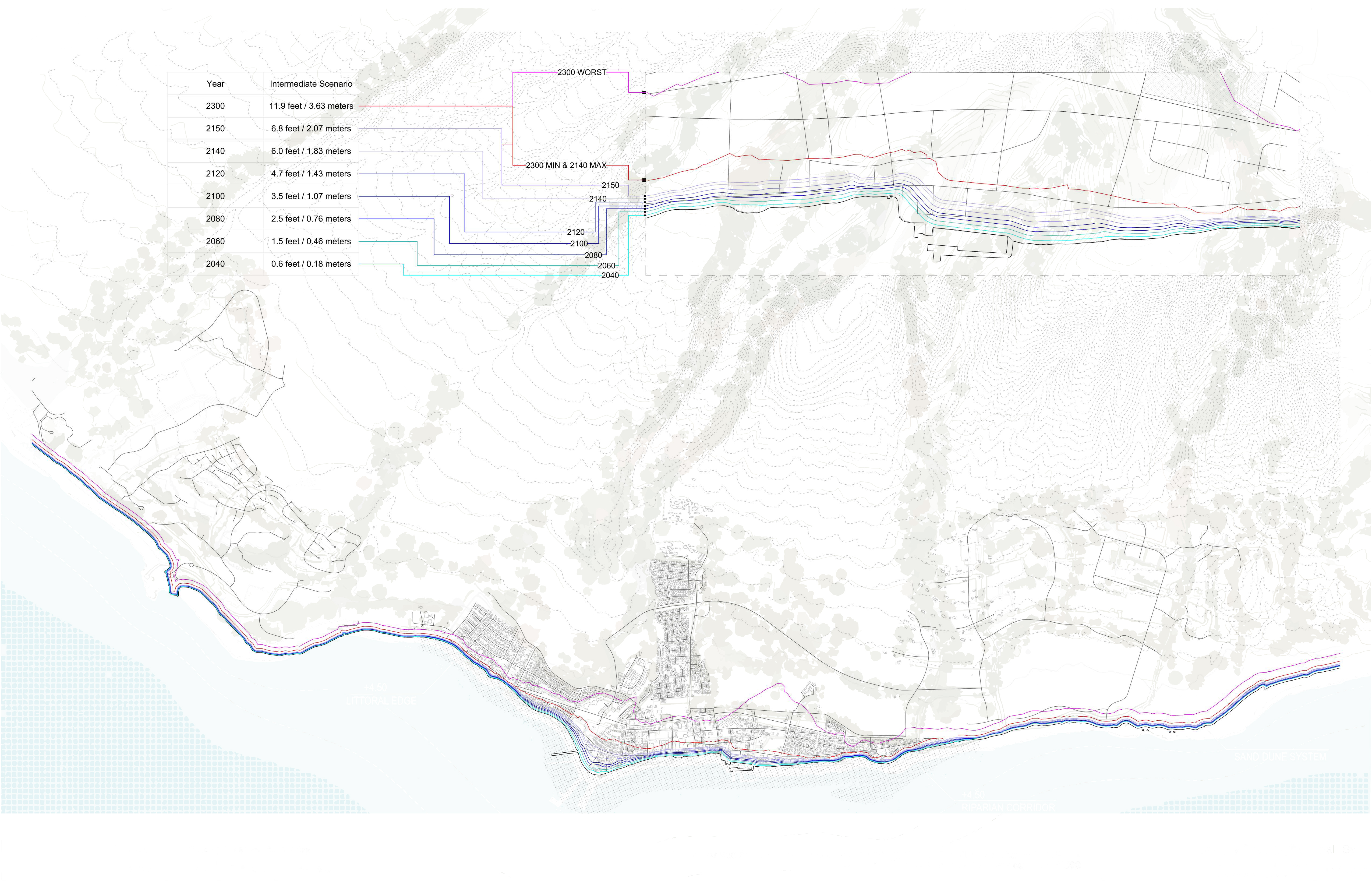 Projected coastal encroachment scenarios from 2040 to 2300 along Lahaina's coastline