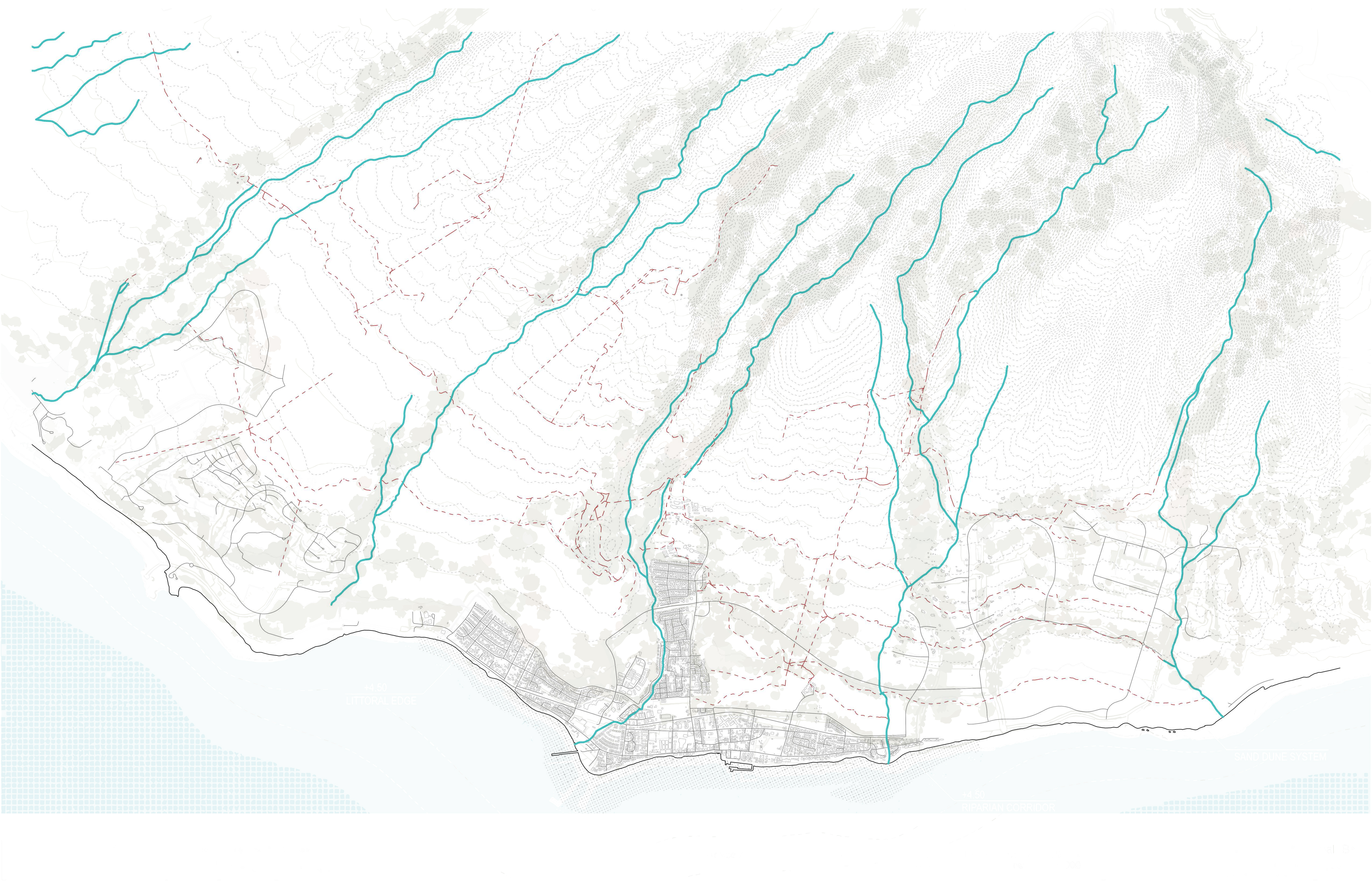 Map of natural stream network overlaid with historic plantation ditch infrastructure