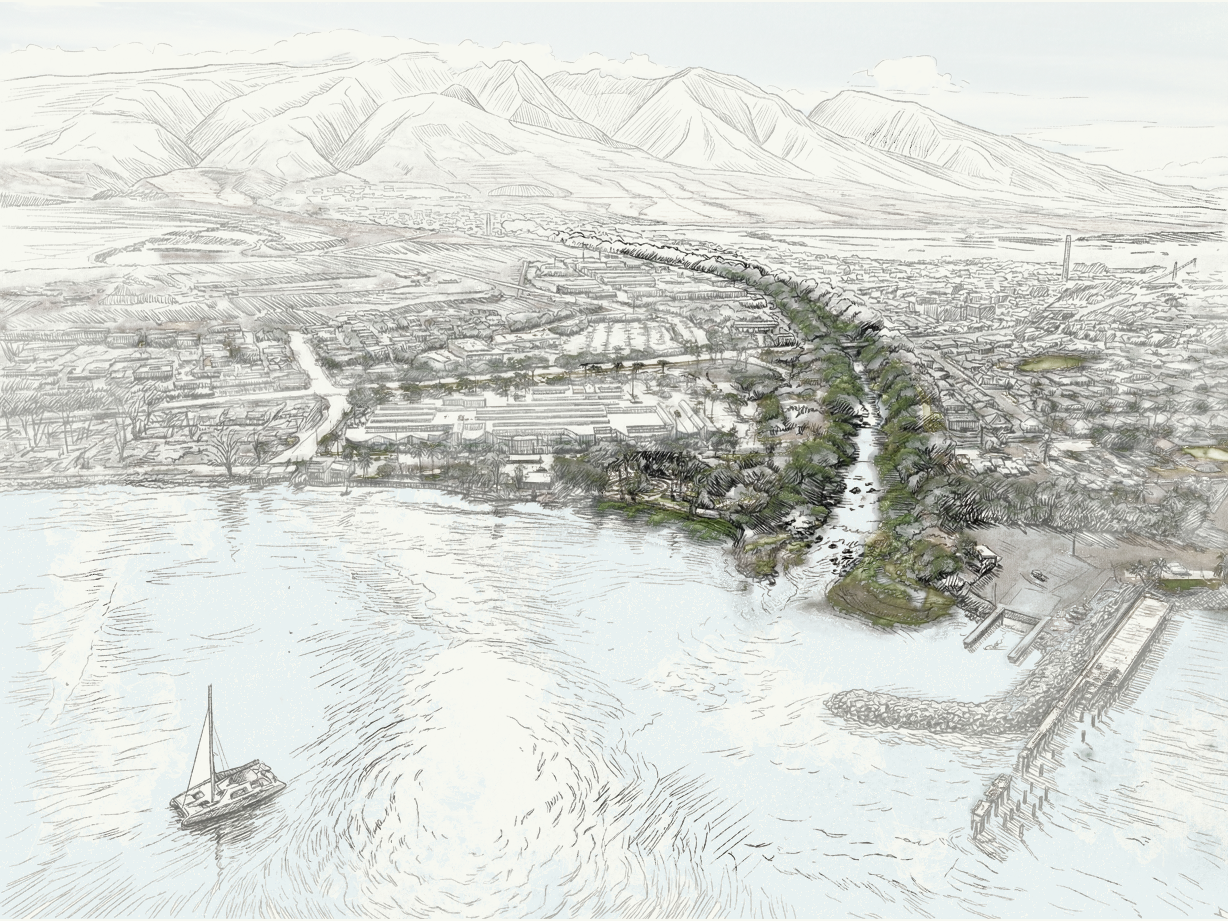 3D visualization of riparian buffer restoration showing stream restoration with vegetation and flood management